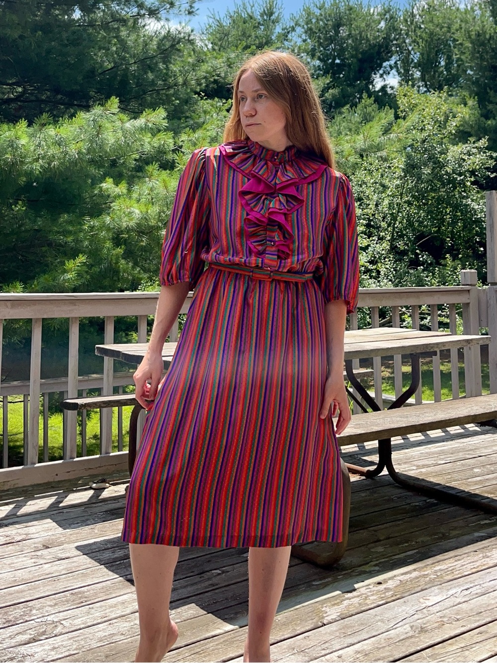 70s Sears Colorful Striped Circus Clown Ruffle Collar Midi Dress Size 14 Retro - Picture 7 of 16